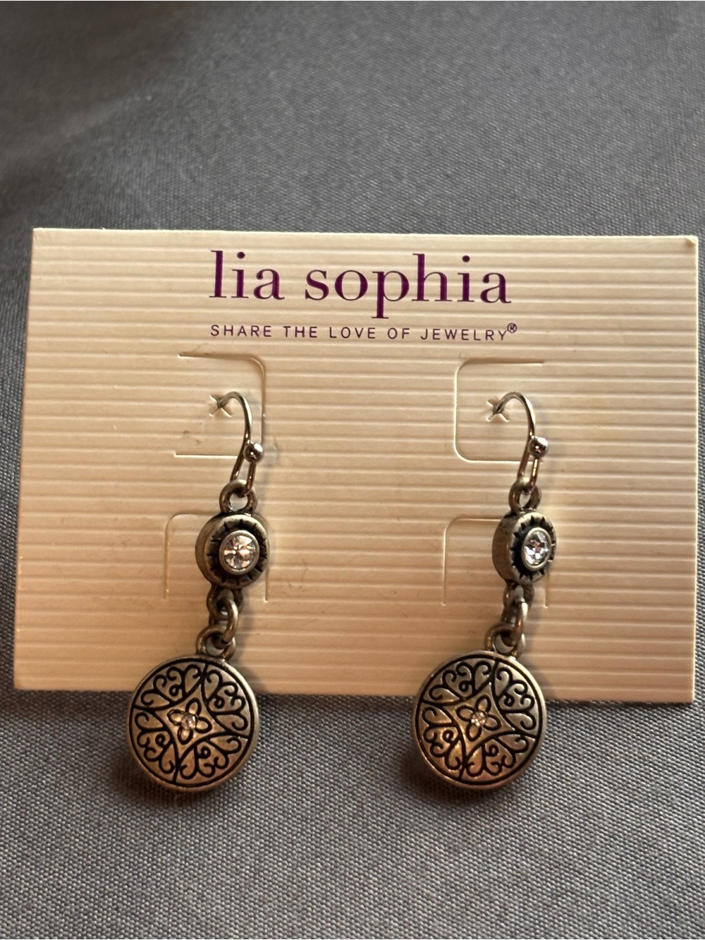 Lia Sophia Antique Tone Filigree Drop Earrings with Clear Crystal Accent